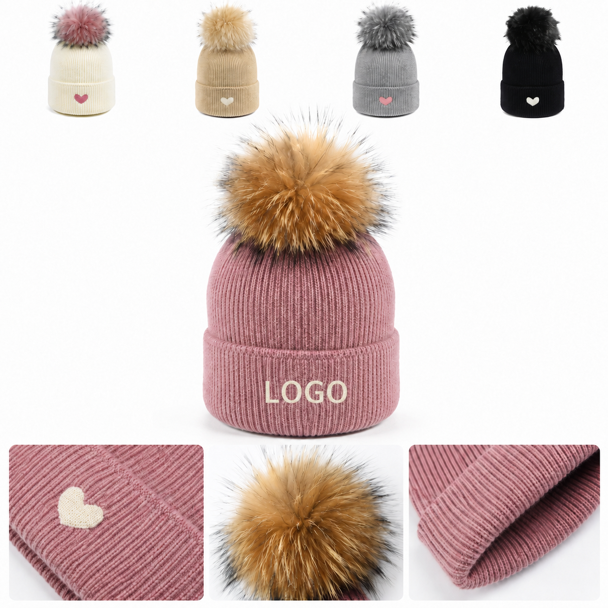 Ribbed Thermal Beanie with Faux Fur Pom Pom